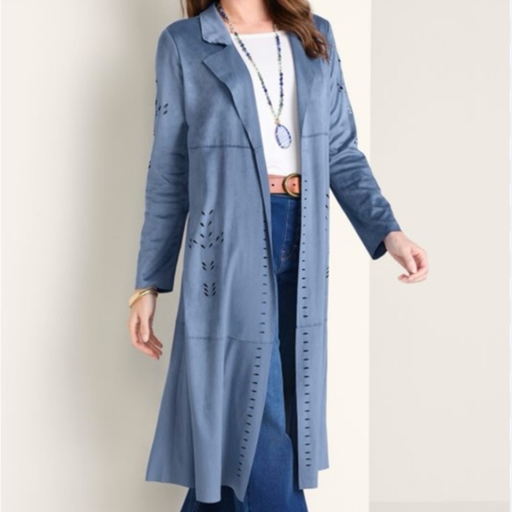 Soft Surroundings Norine Faux Suede duster in rustic blue Small